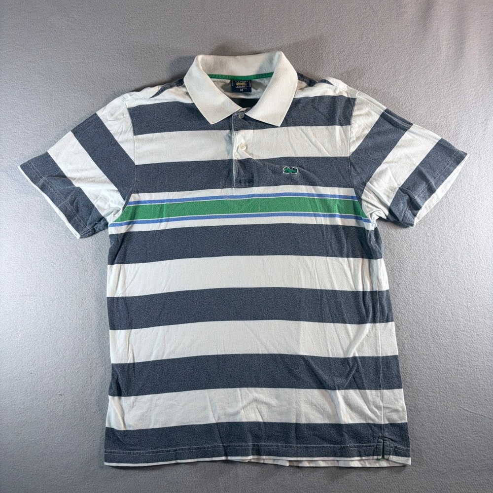 Lion Brand Mens Medium Striped Polo Shirt Blue White Green Short Sleeve Macau